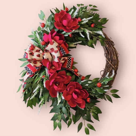 Ladybug Spring Magnolia wreath